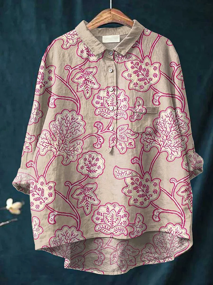 Women'S Ethnic Style Flowers Flower Casual Cotton And Linen Shirt