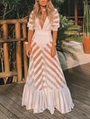 Plain Striped See-Through Puff Sleeves Maxi Dress