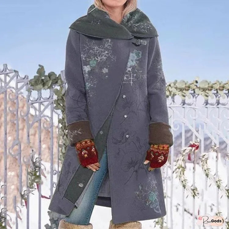 Women Floral Shawl Collar Knitted Long Sleeve Knit Coat
