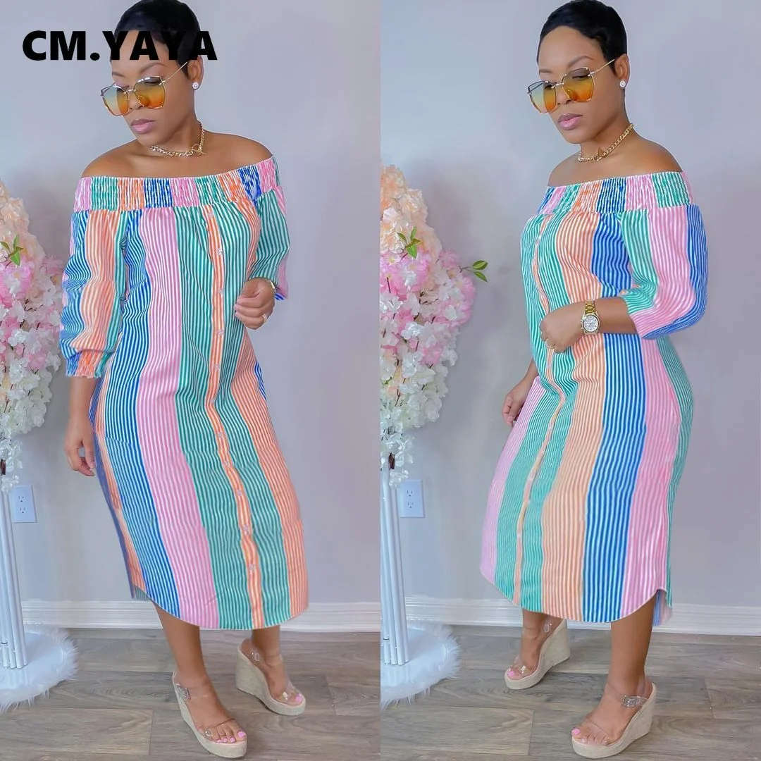 CM.YAYA Women Midi Dress Print Half Sleeve Elastic Off Shoulder Loose Straight Dresses Fashion Vestidos Casual Outfits Autumn