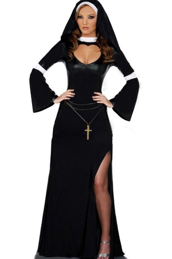 Black Sexy Ladies Split Nun Halloween Costume-elleschic