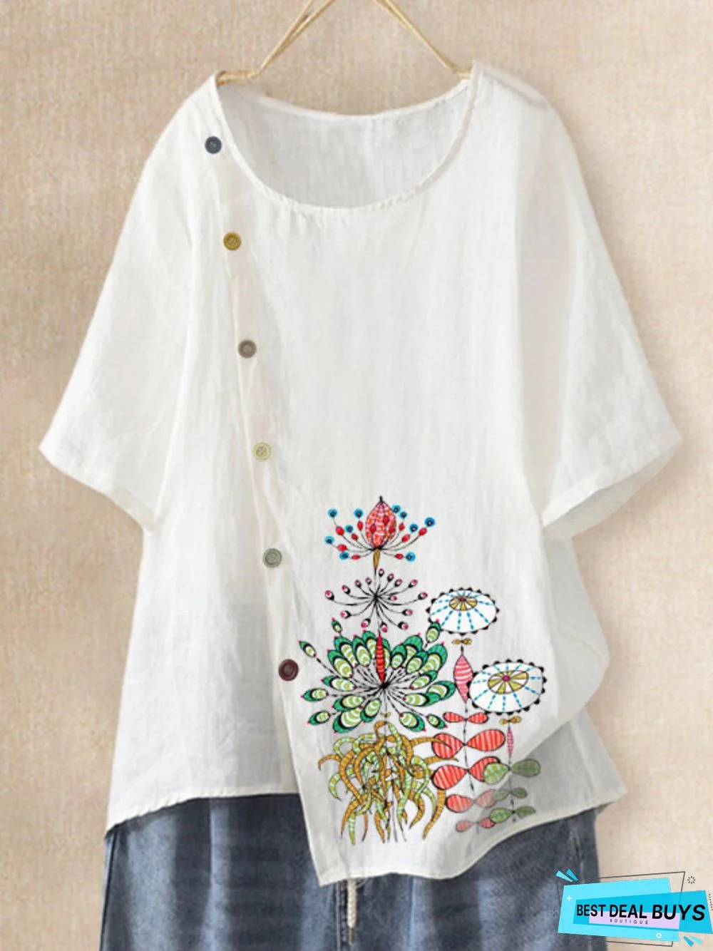 White Floral-Print Round Neck T-shirt