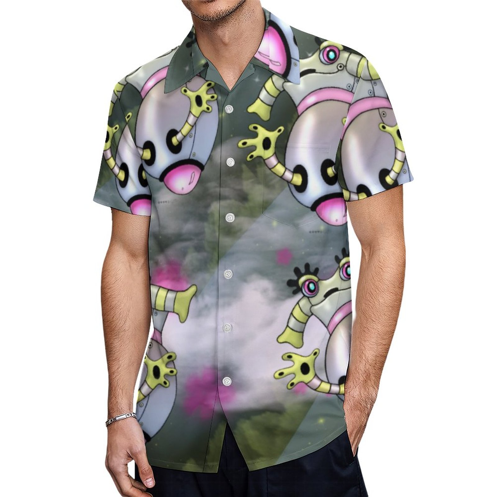 Nixxie Alien Robot Leggins Hawaiian Shirt Mens Button Down Plus Size Tropical Hawaii Beach Shirts