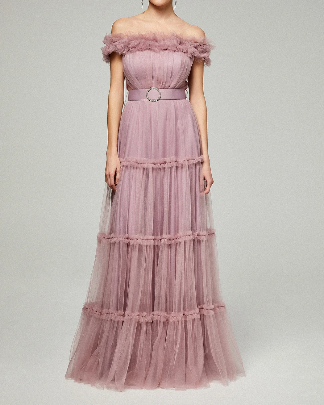 Ruffles and Belt Tulle Cocktail Long Dress
