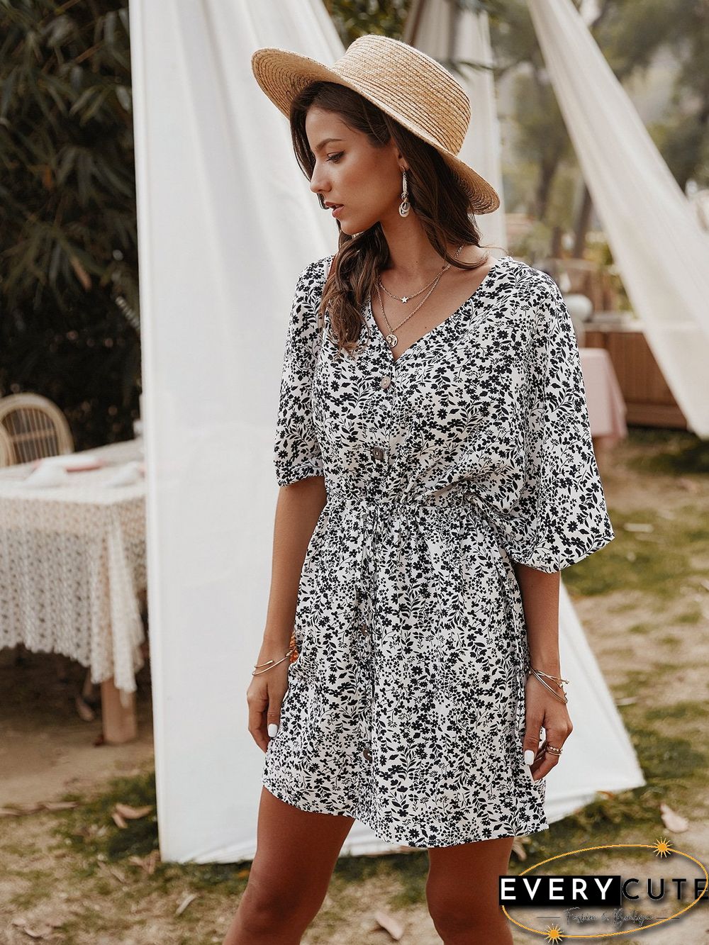 Floral V-Neck Half Sleeve Mini Dress