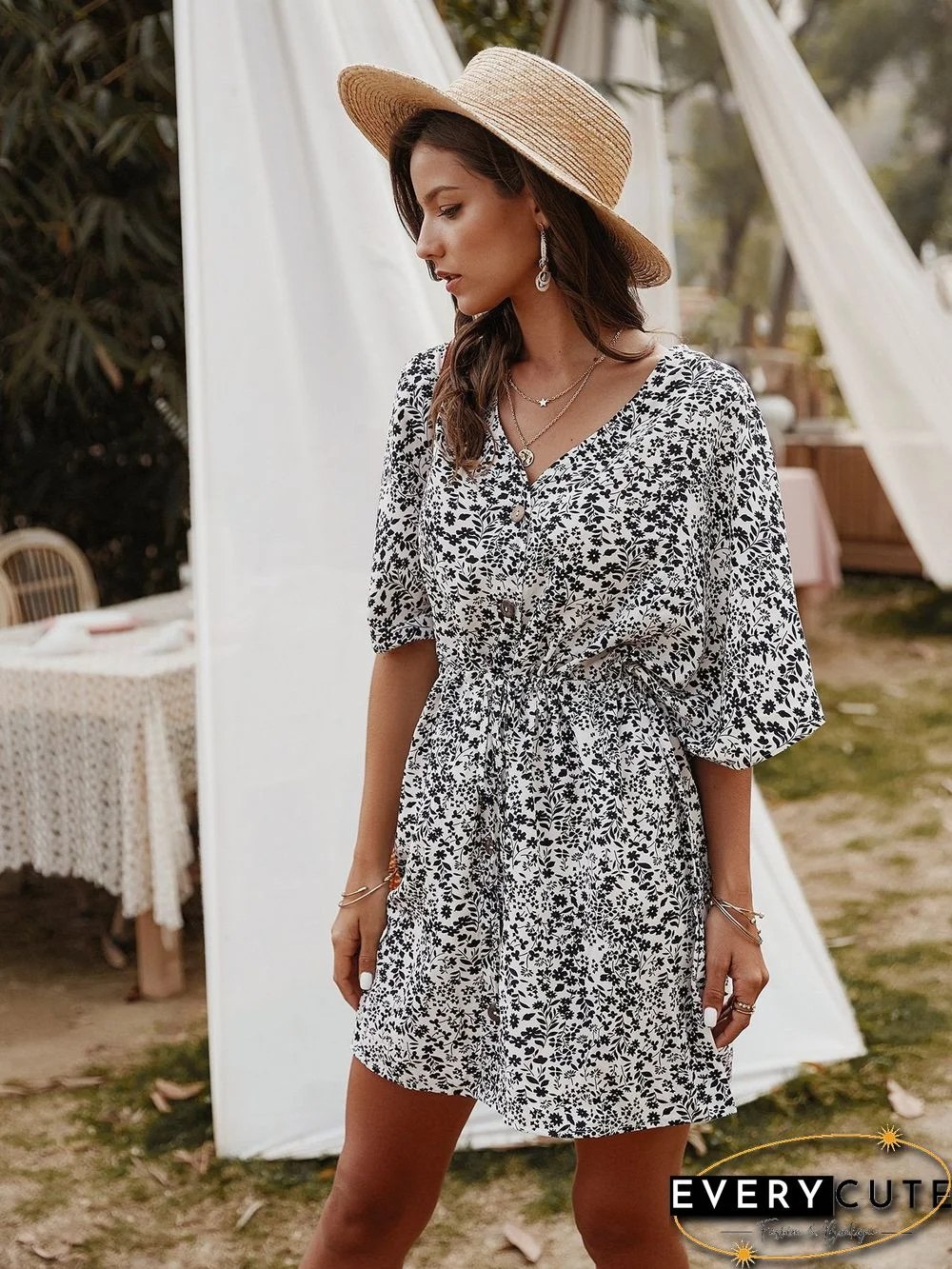 Floral V-Neck Half Sleeve Mini Dress