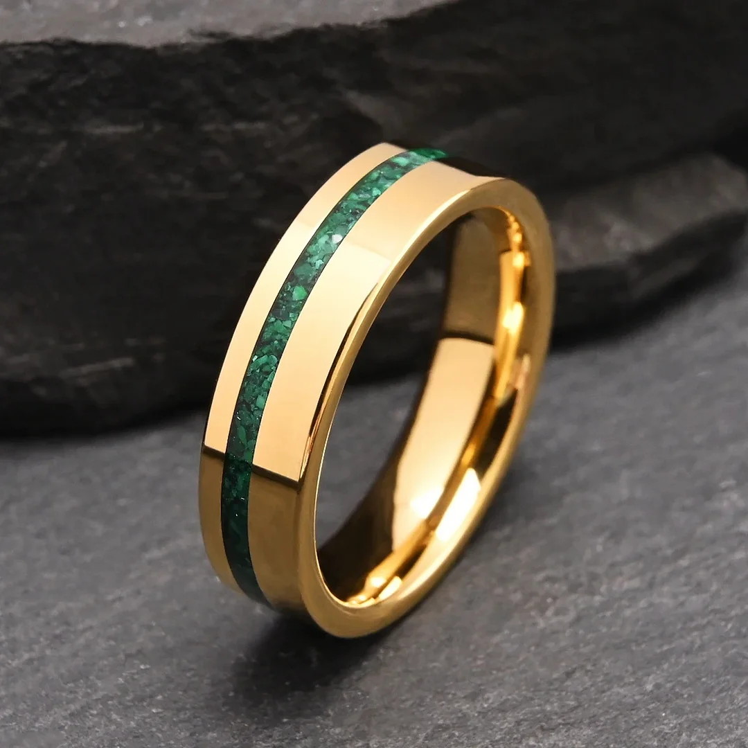 6MM Flat Electroplated Gold Tungsten Carbide Rings Green Malachite Couple Tungsten Wedding Bands