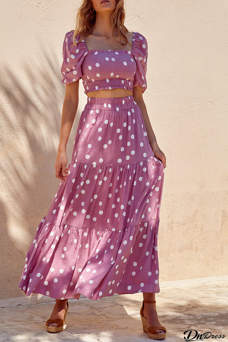 Dot Puff Sleeve Crop Maxi Skirts Set