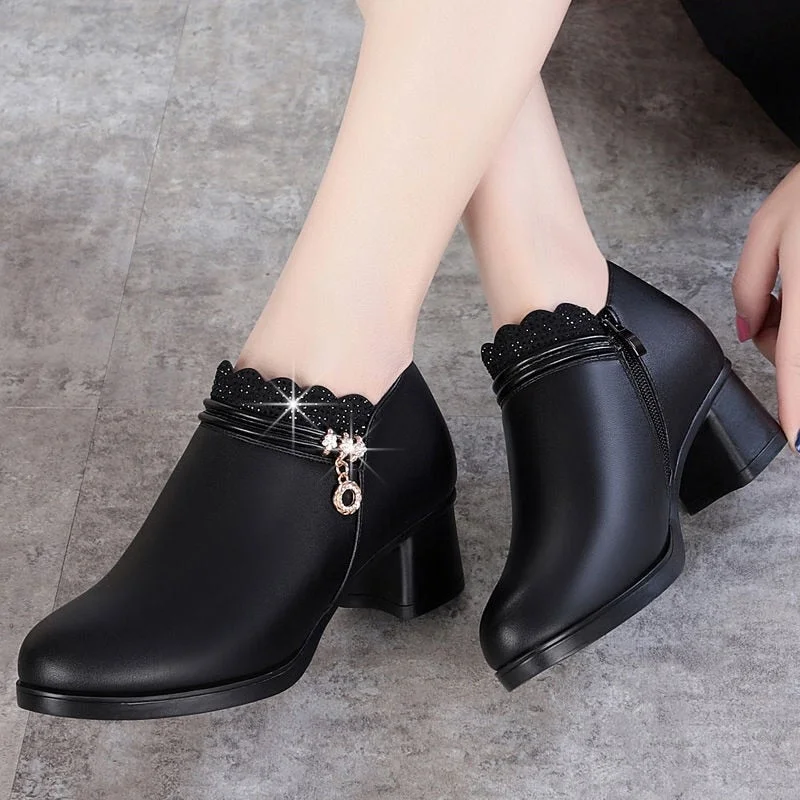 Womens Martin Boots Wedding Shoes Fashion Women Pumps Shoes Woman Leather Wedges Thick High Heels 5cm Ladies Casual Comfortable