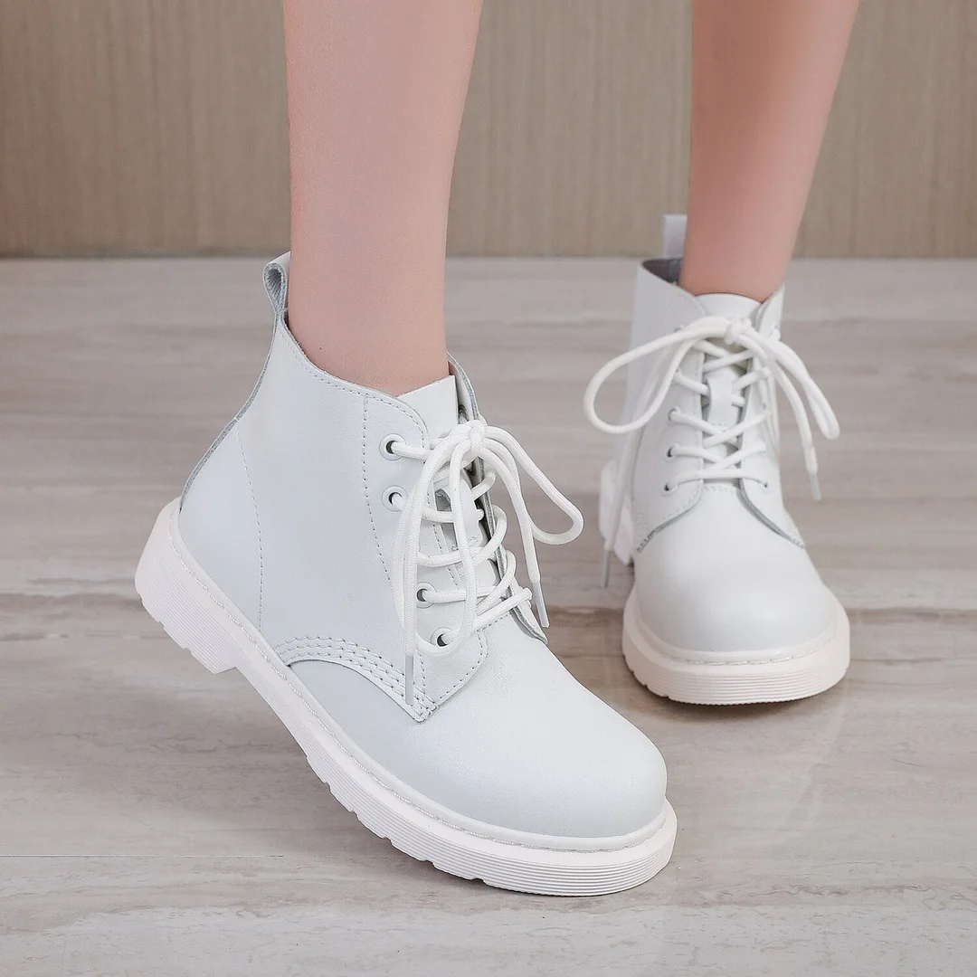 Winter Solid Women White Boots Luxury Split Leather Girls Casual Shoes Lace-up Street Punk Ladies Motorcycle AnkleBoots