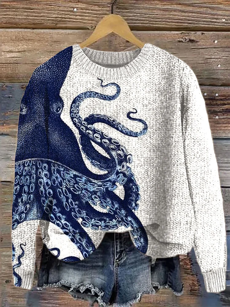 Retro Blue Octopus  Art Cozy Sweater