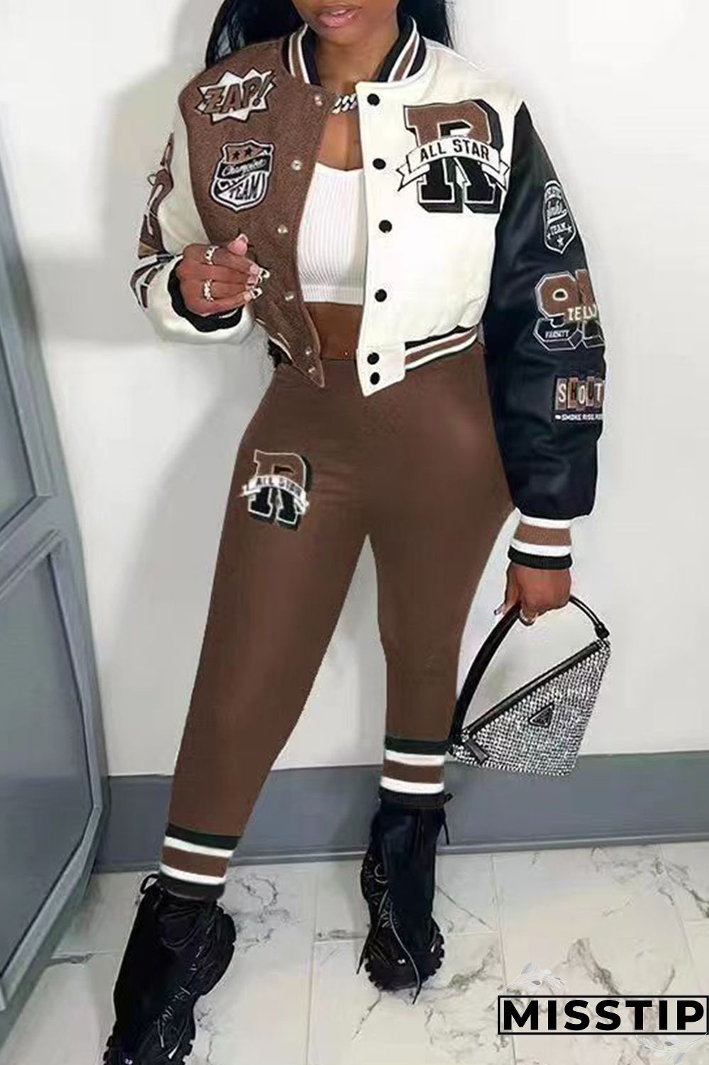 Green Casual Letter Print Patchwork Cardigan O Neck Long Sleeve Two Pieces