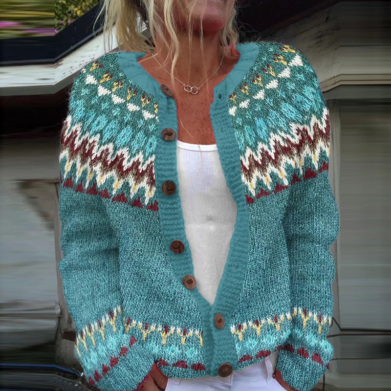 Retro Fairman Island Wave Jacquard Sweater Cardigan