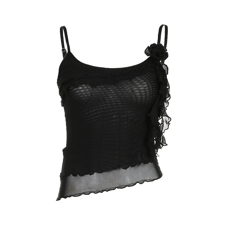 Ueong Girl Style Three-Dimensional Flowers Lotus Leaf Edge Stitching Irregular Net Gauze Solid Color Sling Vest 2024 Summer New Style