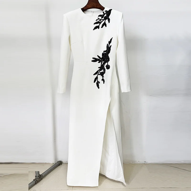Nigikala Nigikala Star Temperament Dress Embroidered Nails Flowers Long Sleeve Open Fork Long Dress