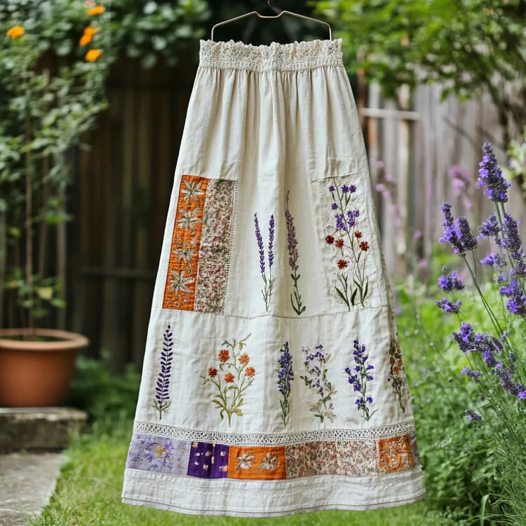 Women's Lace Flowers Embroidery Art Linen Blend Skirt
