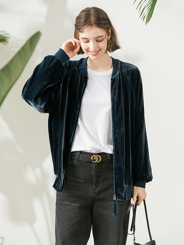 Classic Silk Velvet Jacket With Basic Zipper For Women-Real Silk Life