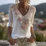 Boho Pink Floral Lace V Neck Comfy Linen Tunic - Image 2