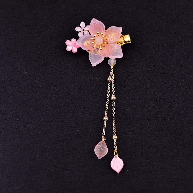 Vintage Cherry Blossoms Pink Flower Chinese Hanfu Hair Clips
