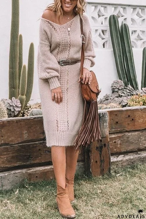 Hollow V Neck Long Sleeve Sweater Dress