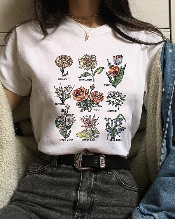 Flower Women's T-shirt Round Neck Short Sleeves - Chicaggo