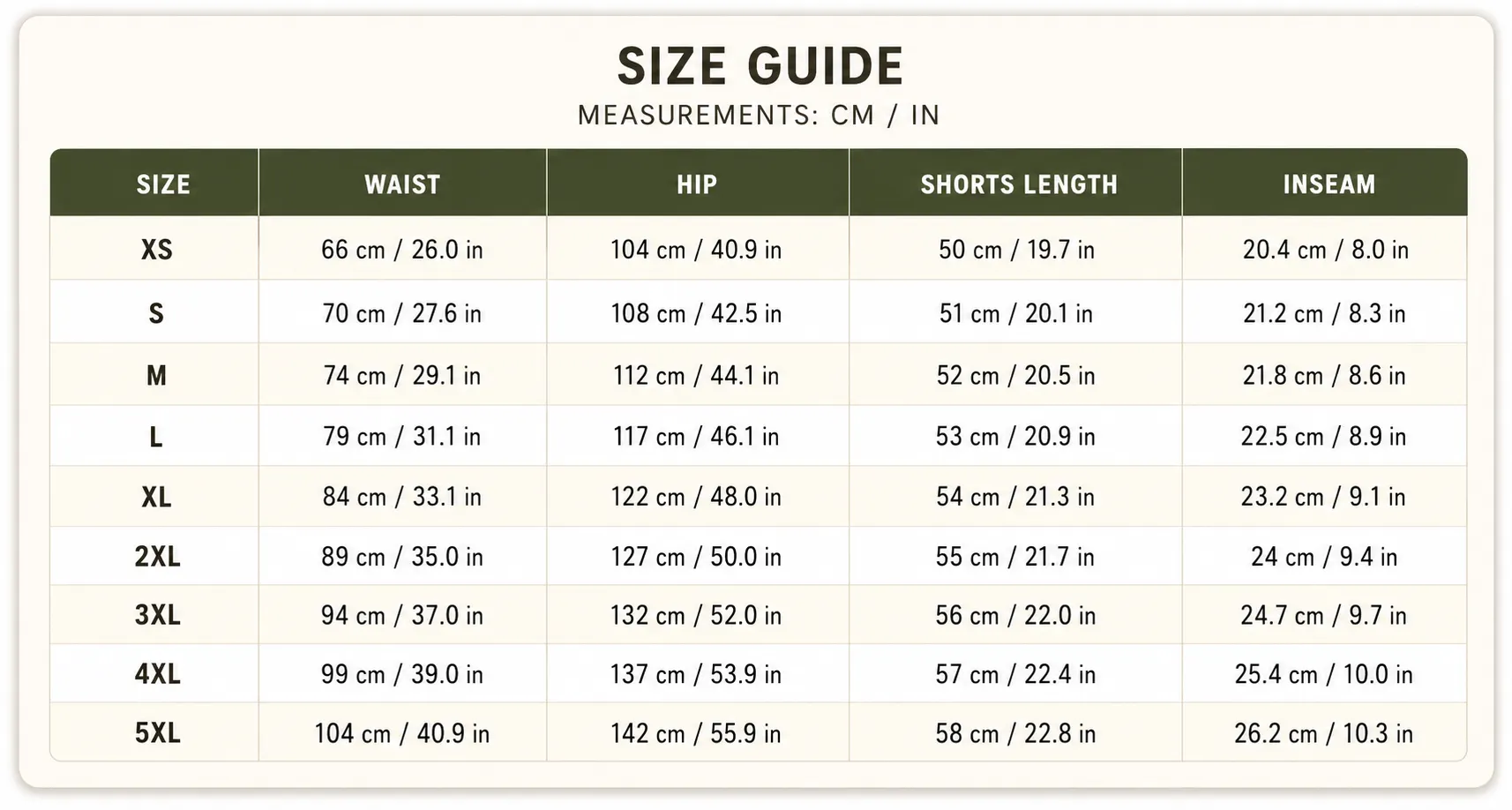 StreetFlex cargo shorts size guide in centimeters and inches