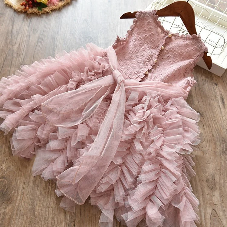 Girls Summer Dresses Sleeveless Cake Fluffy Mesh Lace Princess Dress Kids Birthday Party Bowknot Vestidos Children's Clothing