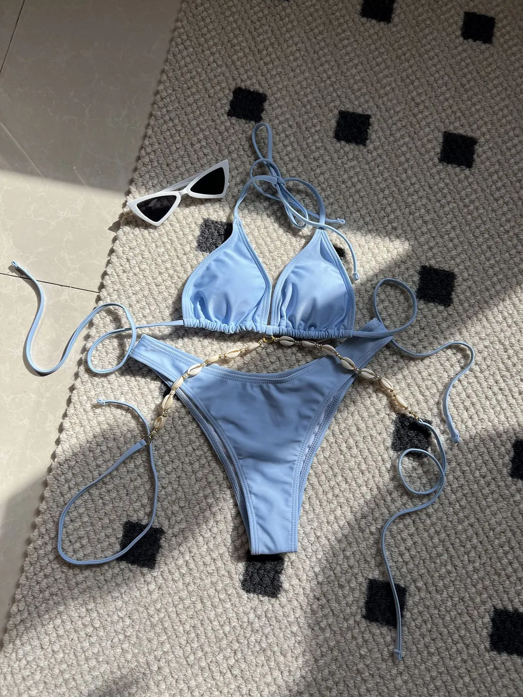 Uveng 2024 Plain Color New Sexy Shell Chain Swimsuit Bikini Bikini