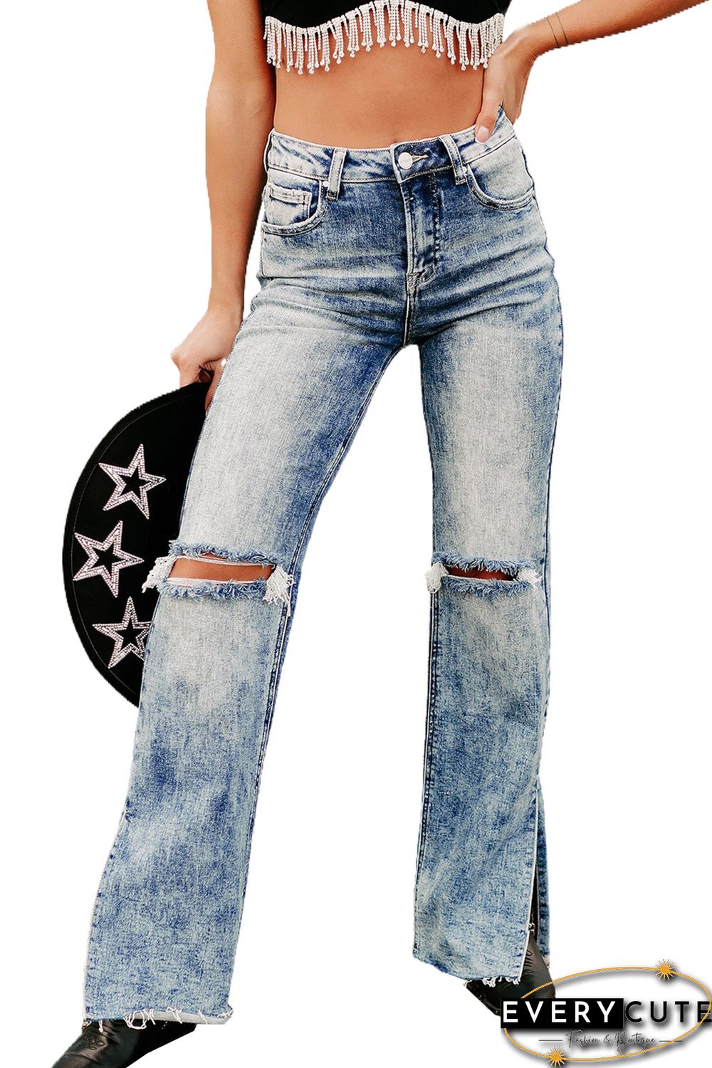 Sky Blue Vintage Distressed Split Hem Straight Leg Jeans