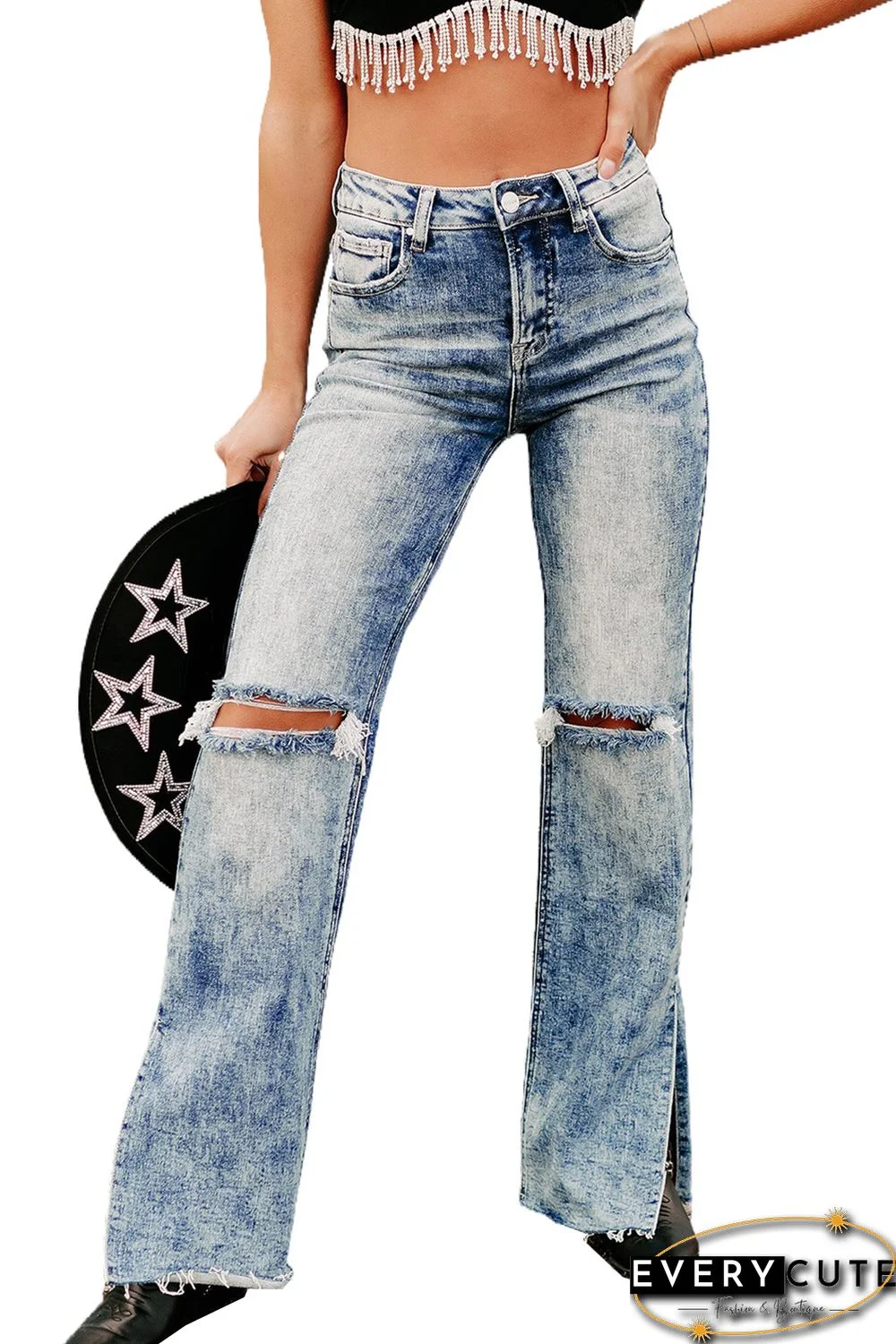 Sky Blue Vintage Distressed Split Hem Straight Leg Jeans