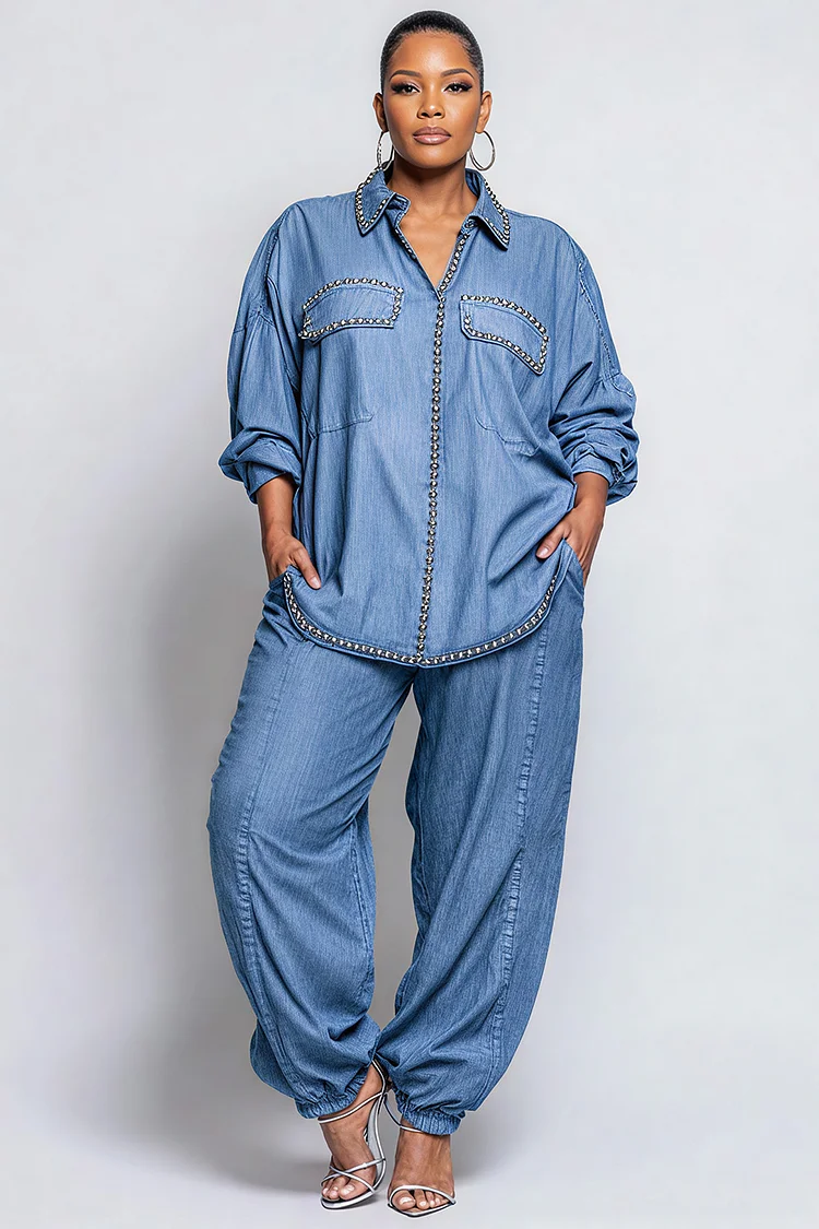 Xpluswear Design Plus Size Business Casual Blue Shirt Collar Long Sleeve Casual Jogging Tencel Denim Two Piece Pant Sets [Pre-Order]