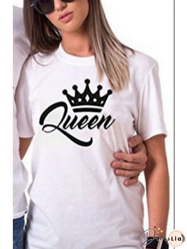 T shirt Tee black Men's black white Letter Print Short Sleeve Daily Basic Casual Round Neck King and Queen S for Women