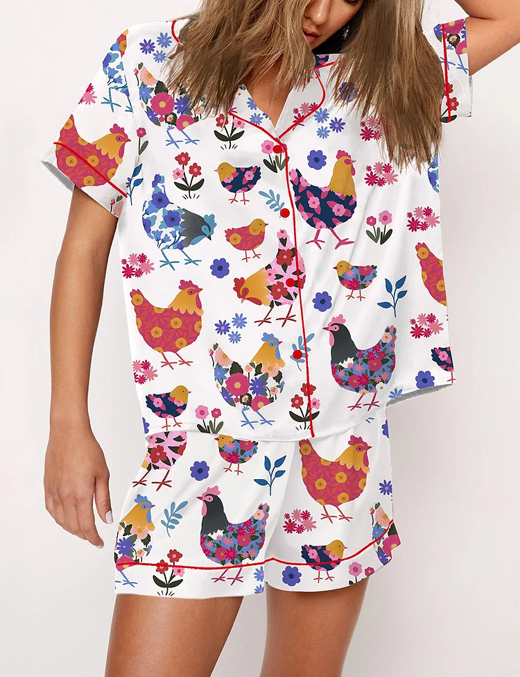 Women&rsquo;s Flowers Chickens Lovers Short Sleeve Satin Pajama Set