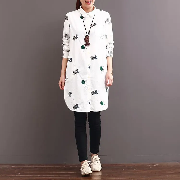 2017 spring white dotted cherry embroidered shirt dress
