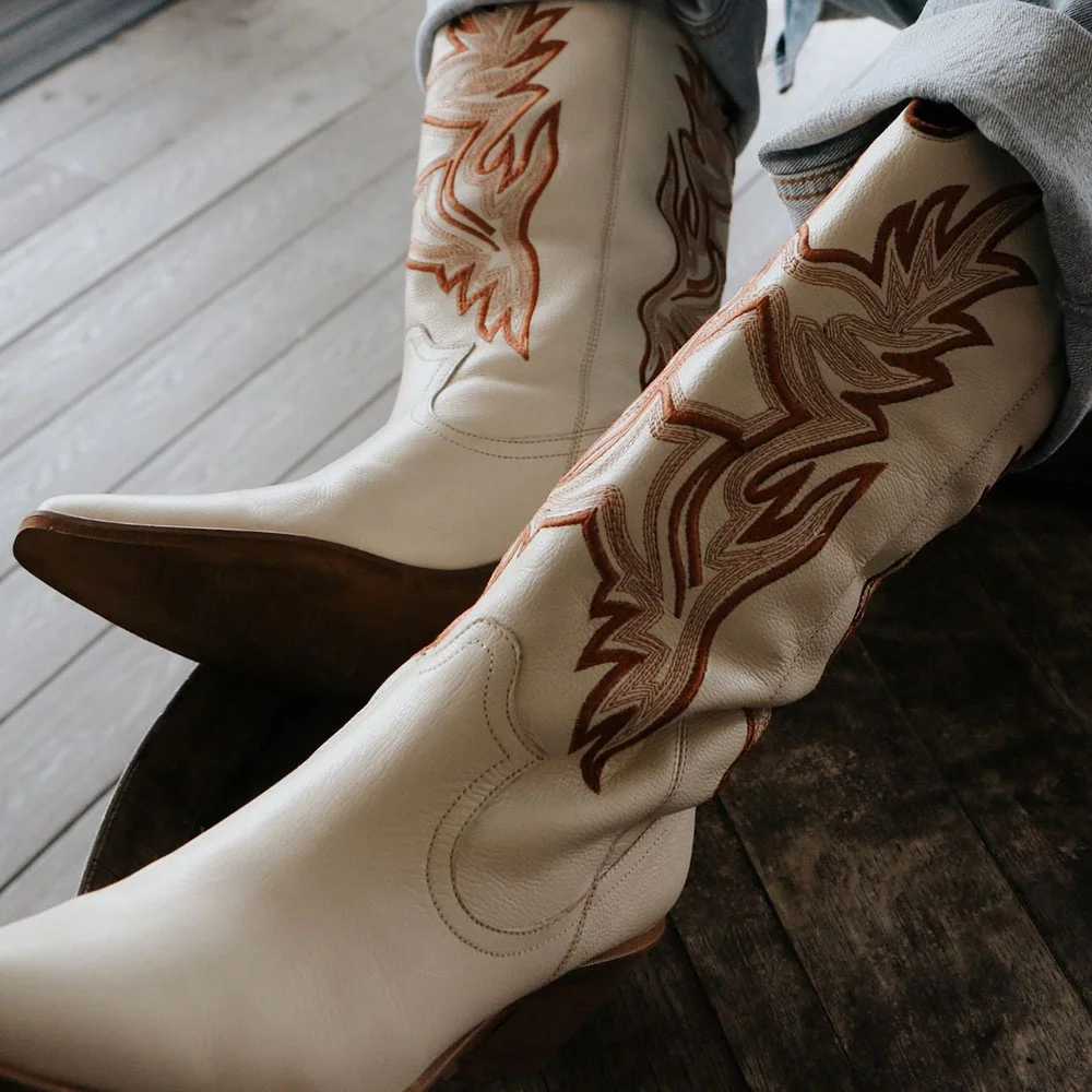 Ivory Chunky Heel Embroidered Snip Toe Western Cowgirl Boots for Women