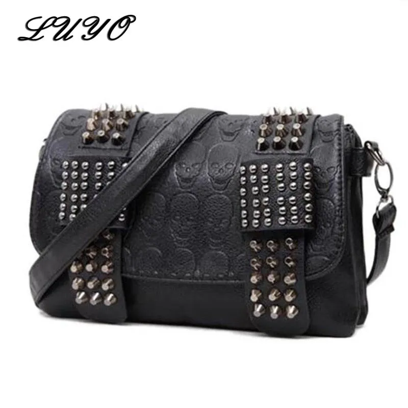 New Punk Women Black Leather Messenger Top Handle Crossbody Bags Fashion Vintage Skull Rivets Shoulder Bags Sac A Main Bolsa