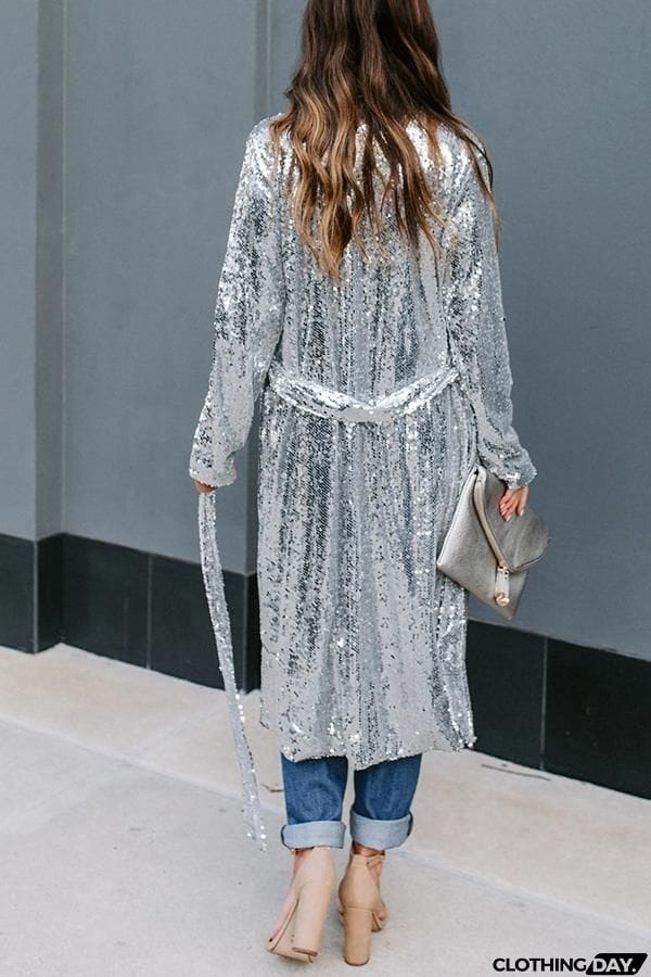 Sequin Collarless Belted Long Duster Coat