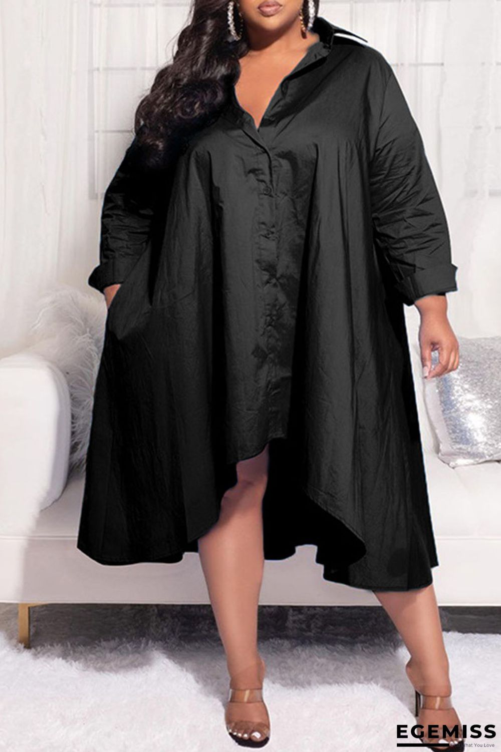 Black Casual Solid Patchwork Buckle Asymmetrical Turndown Collar Shirt Dress Plus Size Dresses | EGEMISS