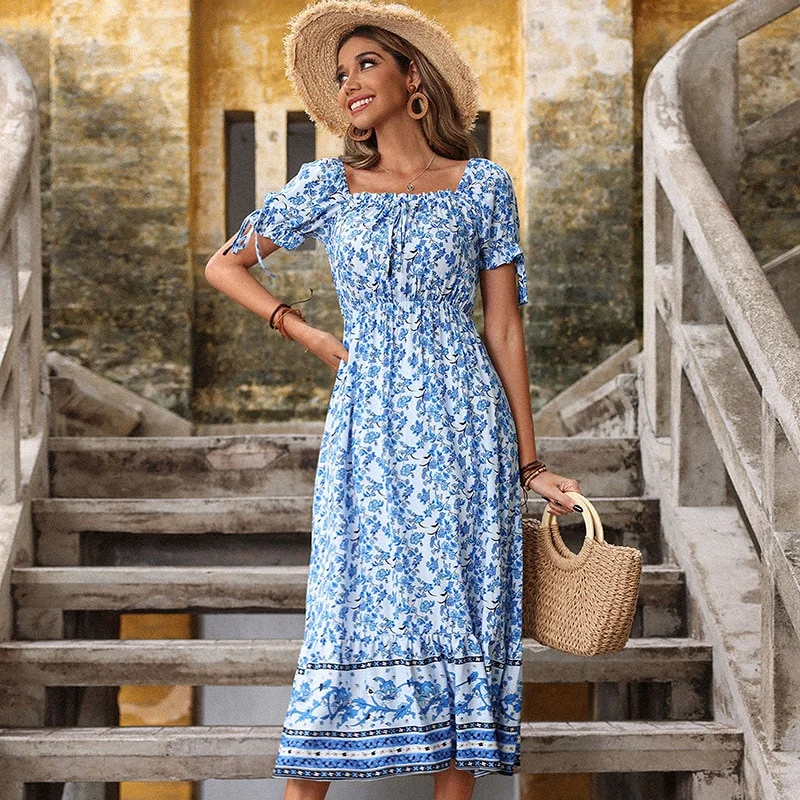 Jangj Dress Women Summer Blue Print Slim High Waist Slash Neck Long Dress Viscose Boho Maxi Dress Elastic Waist Dresses