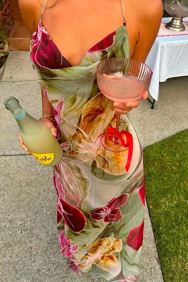 Floral Print Sexy Backless Slit See-Through Holiday Maxi Dress