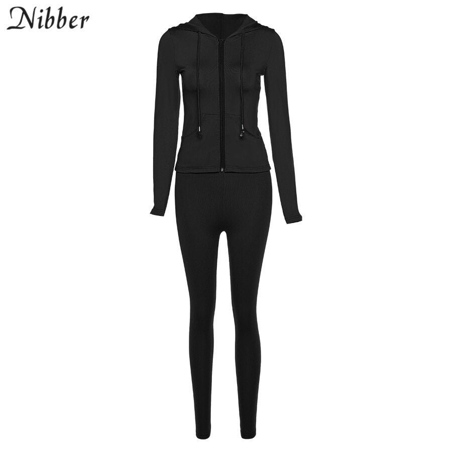 Nibber Sporty Casual Long Sleeve Hooded Zipper Solid two pieces set women Autumn Workout Skinny Top And Pants Matching Set mujer