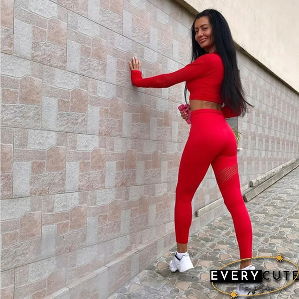 Womens Seamless Yoga Suit Activewear Long Sleeved Crop Top Fitness Leggings Christmas