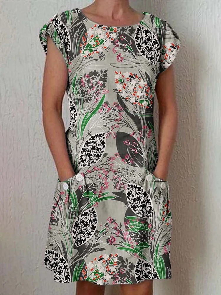 Women's Classic Floral Pattern Vintage Cotton and Linen Dress with Pockets