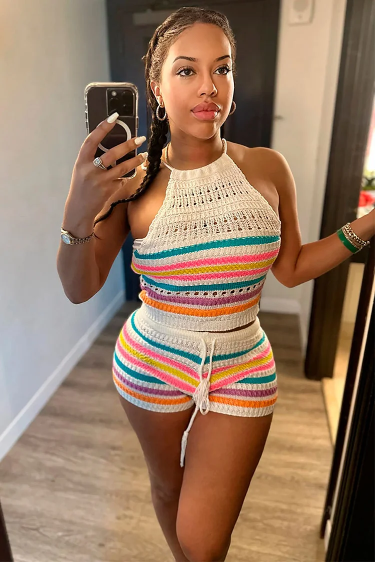Knit Hollow Out Colorful Striped Halter Sleeveless Crop Top Drawstring Shorts Matching Set