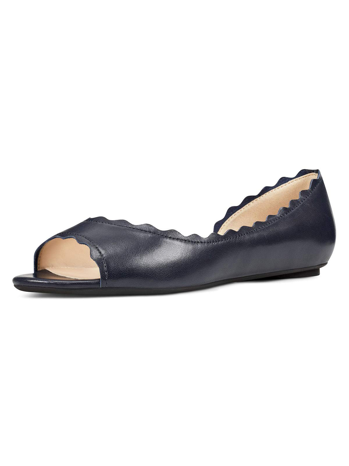 Black Open-Toe Scalloped-Edge Design Casual Flat Shoes for Women