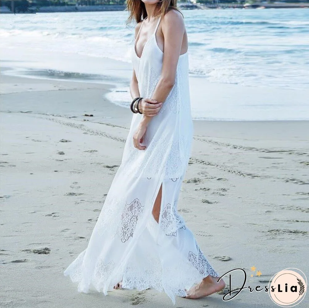 Vacation Spaghetti Strap Mesh Lace Side Split Maxi Beach Dresses Cover Ups