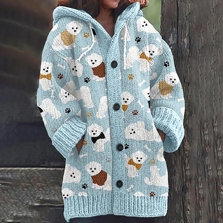 Cute Dog Print Long Sleeve Knitted Hooded Cardigan