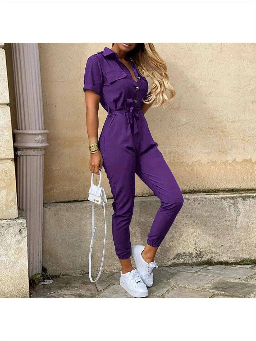 Women's Summer Collar Button-Up Utility Romper - Olive Green Casual Jumpsuit With Adjustable Waist Belt & Short Sleeves For Casual Attire, Lightweight Outfit, Nontransparent Fabric | IFYHOME