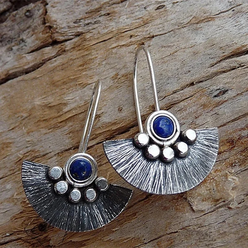 Vintage Metal Craftsman Engraved Scallop Earrings Lapis Lazuli Women's Hook Drop Earrings