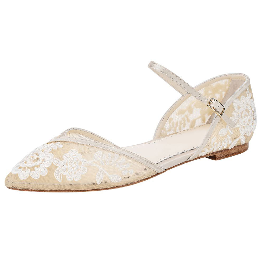 Nude Silk & Lace Pointed Toe Embroidered Ankle Strap Flat Slingbacks Nicepairs
